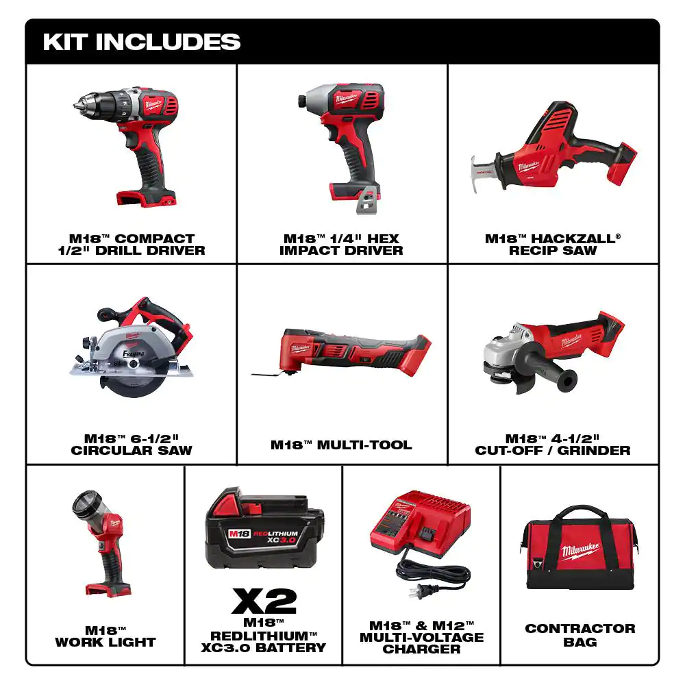 M18 18V Lithium-Ion Cordless Combo Tool Kit (7-Tool) with Two 3.0 Ah Batteries, Charger and Tool Bag