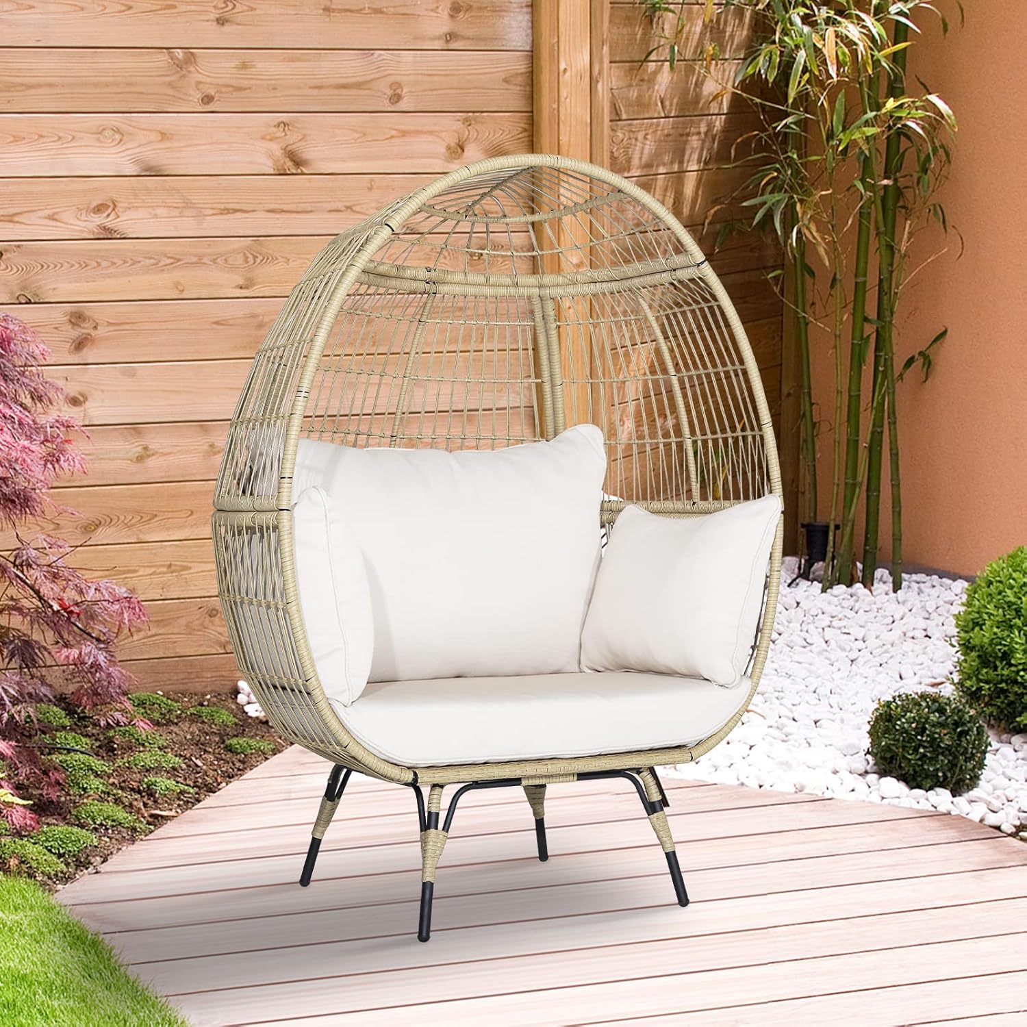 PE Rattan Egg Chair with 4 Padded Cushions, 180KG Load Capacity, Relaxing Chair with Metal Frame, Suitable for Living Room, Garden, Terrace, Patio, 110X82X145 CM