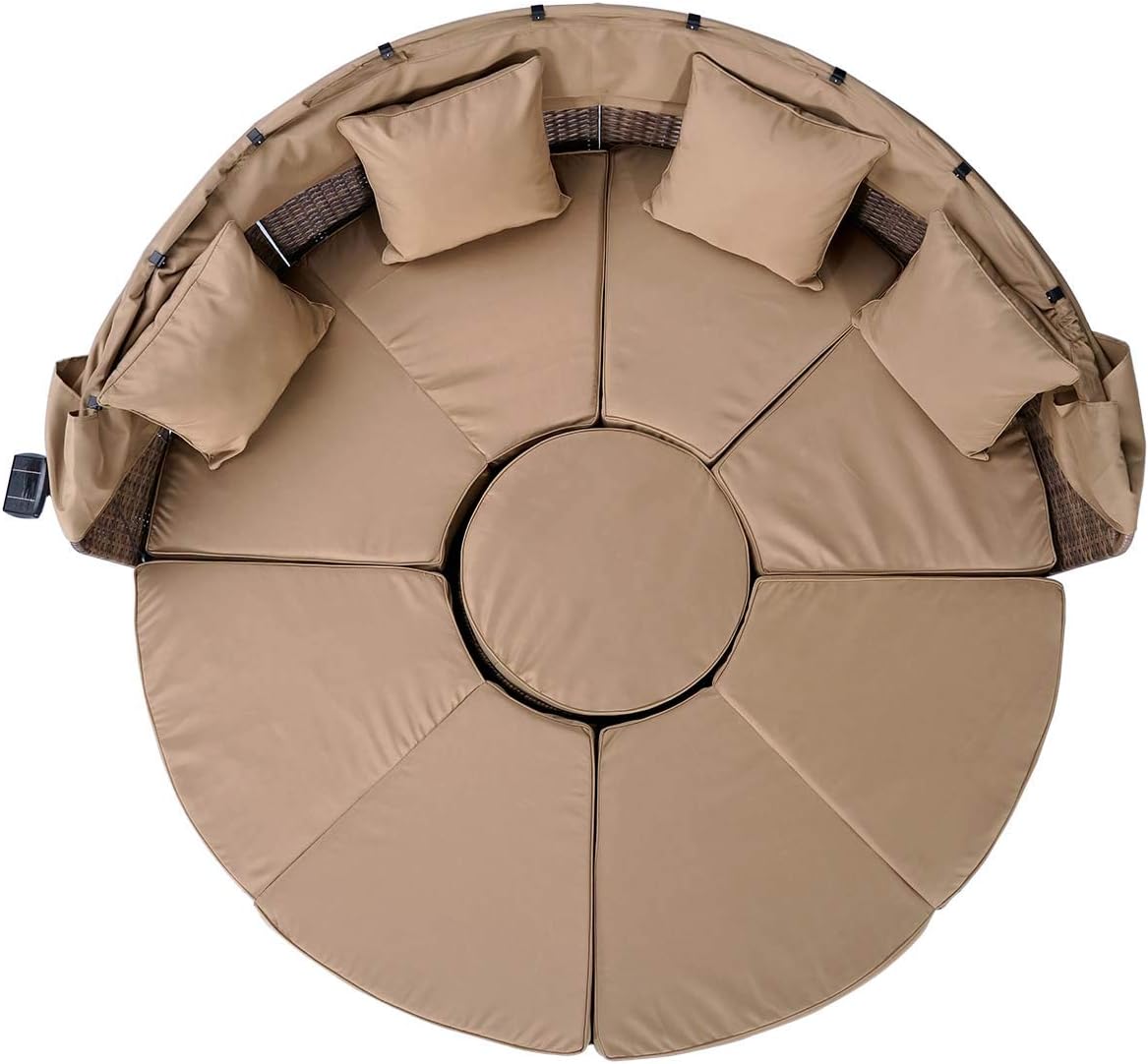 Brast Round Garden Sofa, Braided Polyrattan, in Grey, Black or Brown, 210 cm, with LED Lighting and Cover, Canopy, Foldable, Height-Adjustable, Garden Lounger