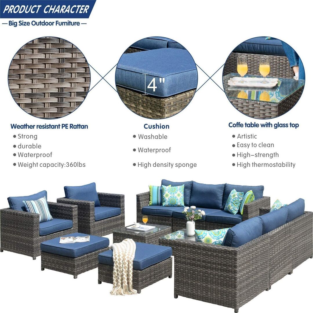 Outdoor Patio Furniture 12 Pcs Set ,Pe Rattan Wicker Sectional With 4 Pillows And Furniture Cover, No Assembly Required