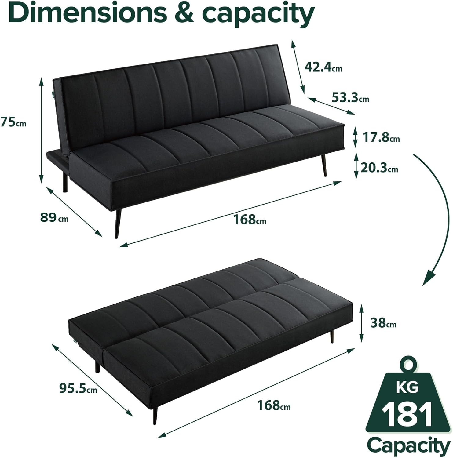 Zinus Quinn Clic Clac Sofa Bed - 2-in-1 Folding Sofa Bed - Suitable for Guest Rooms and Small Spaces