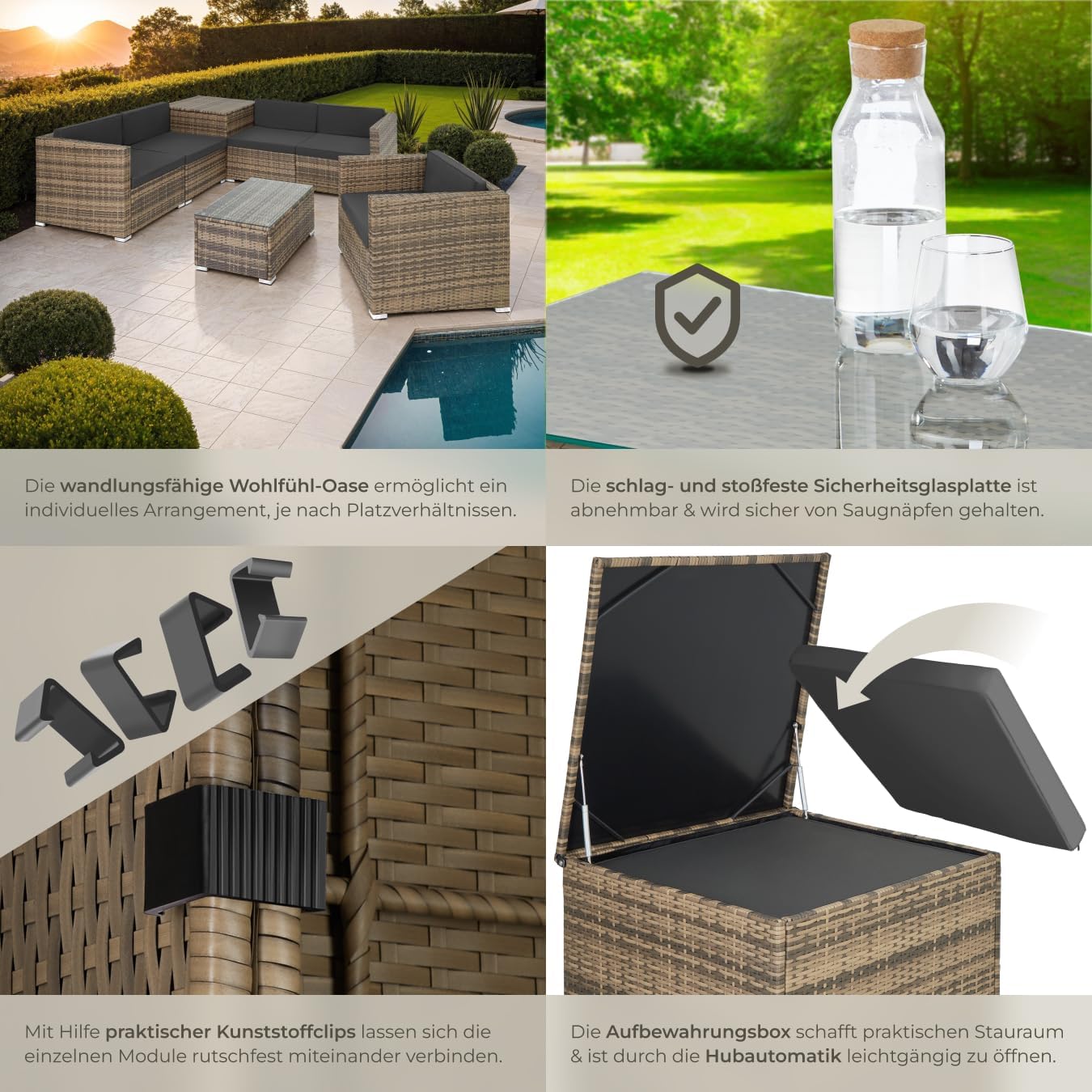 TecTake Polyrattan Seating Group with Storage Box for Upholstery, Table with Glass Top, Freely Groupable Garden Furniture Set, Rattan Lounge for the Garden – Balcony Furniture, Balcony Furniture, Small Balcony