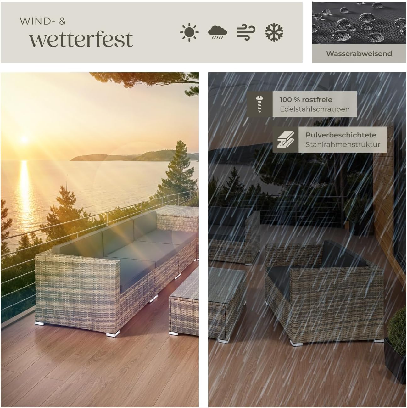 TecTake Polyrattan Seating Group with Storage Box for Upholstery, Table with Glass Top, Freely Groupable Garden Furniture Set, Rattan Lounge for the Garden – Balcony Furniture, Balcony Furniture, Small Balcony