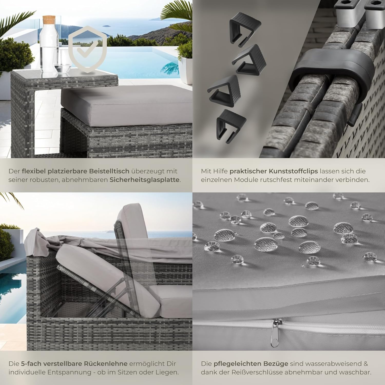 TecTake 800771 Aluminium Poly Rattan Lounge Set, 16-Piece, Weatherproof Garden Sofa with Sun Canopy, Outdoor Furniture Set Including Cushions and Side Table, Various Colours