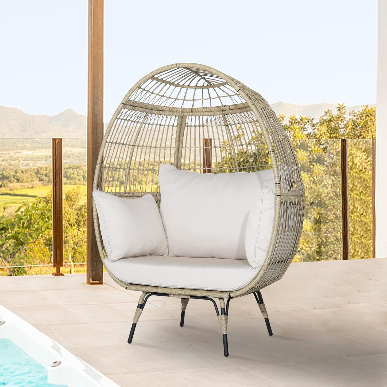 PE Rattan Egg Chair with 4 Padded Cushions, 180KG Load Capacity, Relaxing Chair with Metal Frame, Suitable for Living Room, Garden, Terrace, Patio, 110X82X145 CM