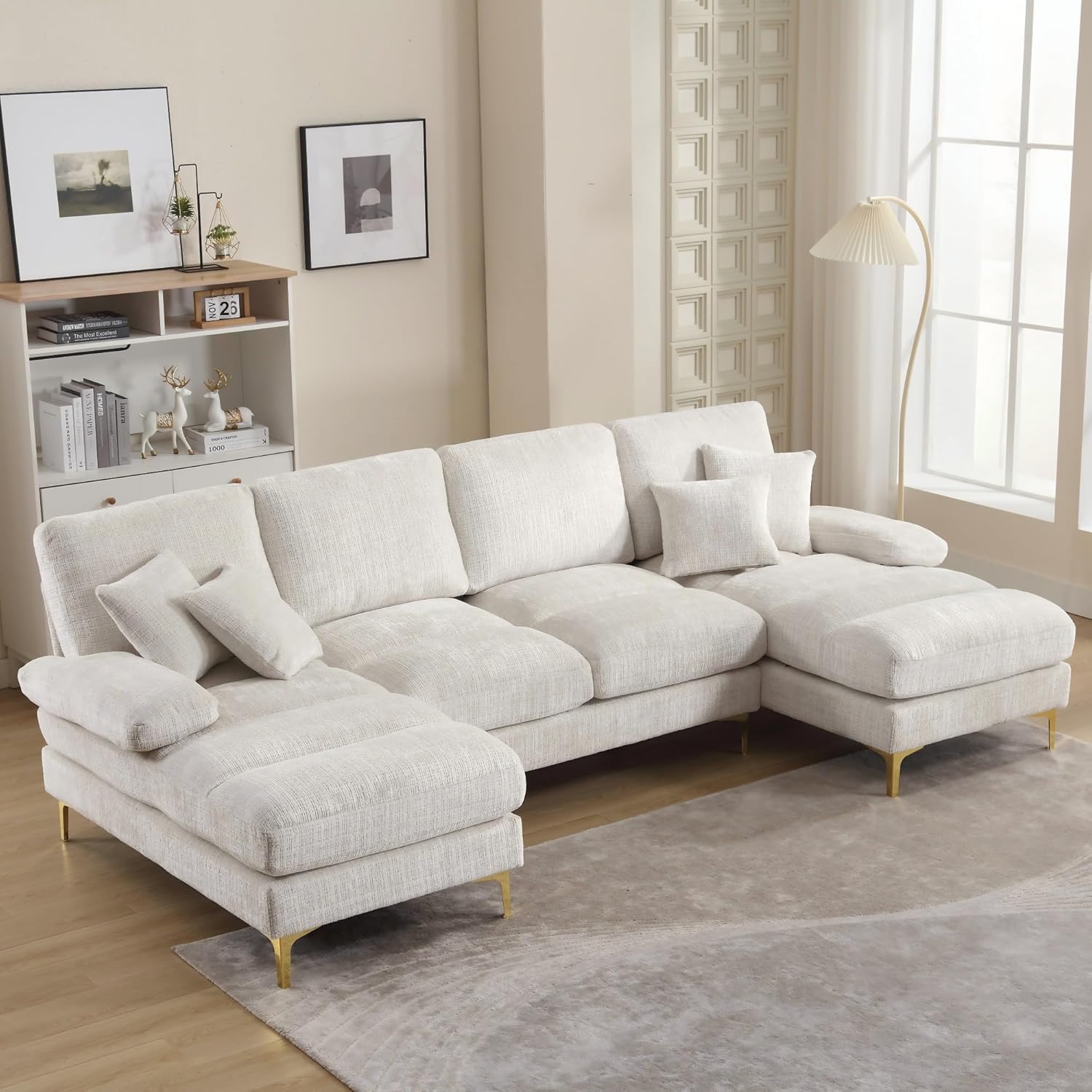 LIFEISLE U-Shape Sofa Couch with Chaise Longue, Large Sectional Sofa with Double Reclining Seats, 4 Seater Corner Sofa with Sleep Function for Living Room, Bedroom, Office, Home, Chenille Fabric