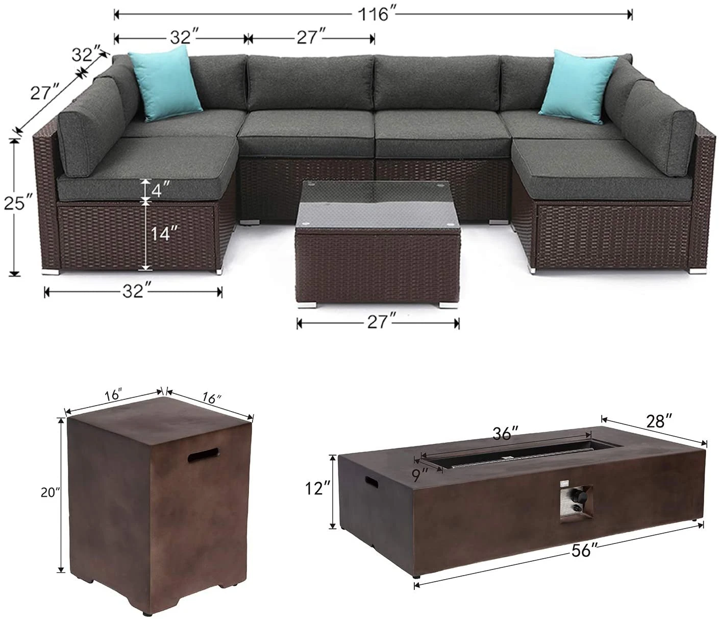 COSIEST 8 Piece Outdoor Wicker Sectional Sofa w Fire Pit Table,Chocolate Brown Patio Furniture Set w 56 x 28 inches Rectangle Bronze Fire Table (50,000 BTU) and Tank Outside(20lb) for Garden