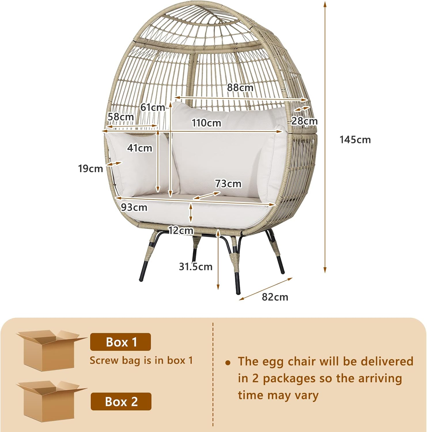 PE Rattan Egg Chair with 4 Padded Cushions, 180KG Load Capacity, Relaxing Chair with Metal Frame, Suitable for Living Room, Garden, Terrace, Patio, 110X82X145 CM