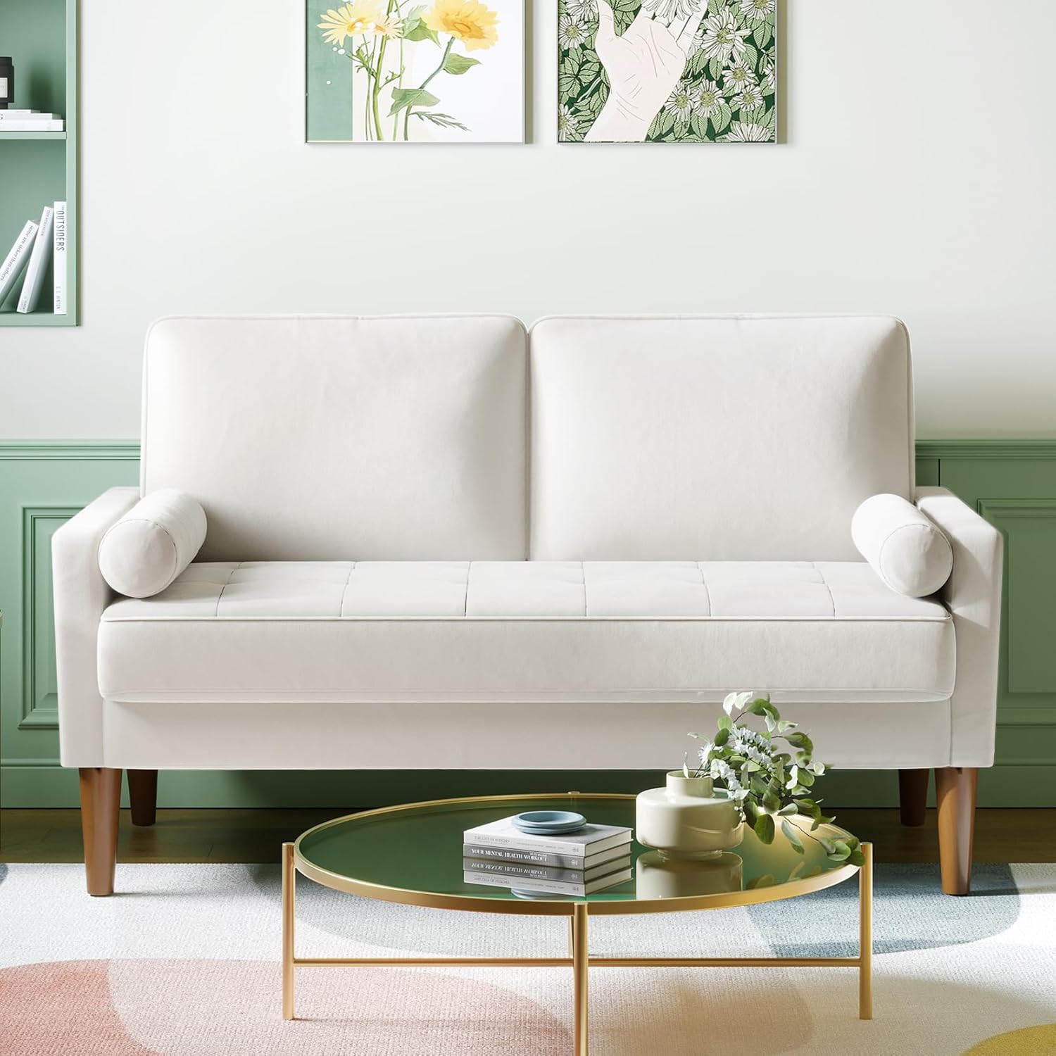 Vesgantti Small 2 Seater Sofa, 121cm Velvet Sofa with Spring Cushion, Mini Bedroom with Armrests, Modern Living Room Loveseat, Fixed 2 Seater Loveseat