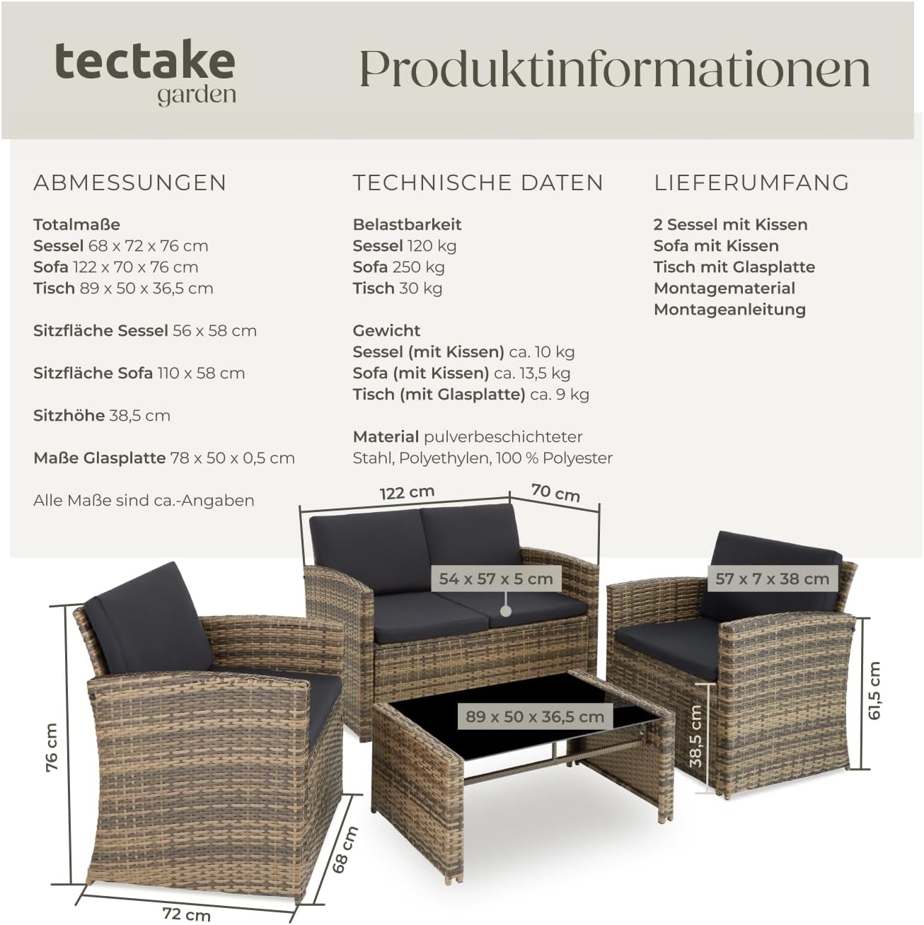 tectake Lounge Garden Furniture Set, Poly Rattan for the Garden, Furniture for the Balcony, 12-Piece Garden Lounge (Weatherproof), Dining Set with Outdoor Sofa, Armchair and Table for 4 People