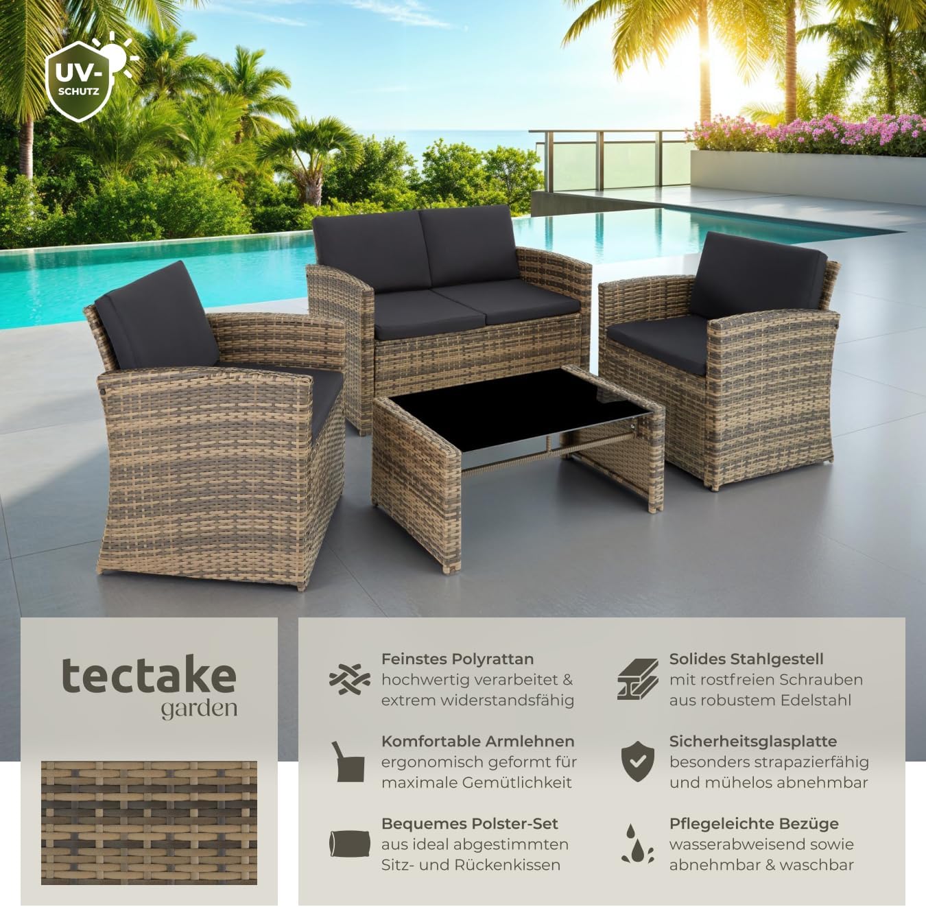 tectake Lounge Garden Furniture Set, Poly Rattan for the Garden, Furniture for the Balcony, 12-Piece Garden Lounge (Weatherproof), Dining Set with Outdoor Sofa, Armchair and Table for 4 People