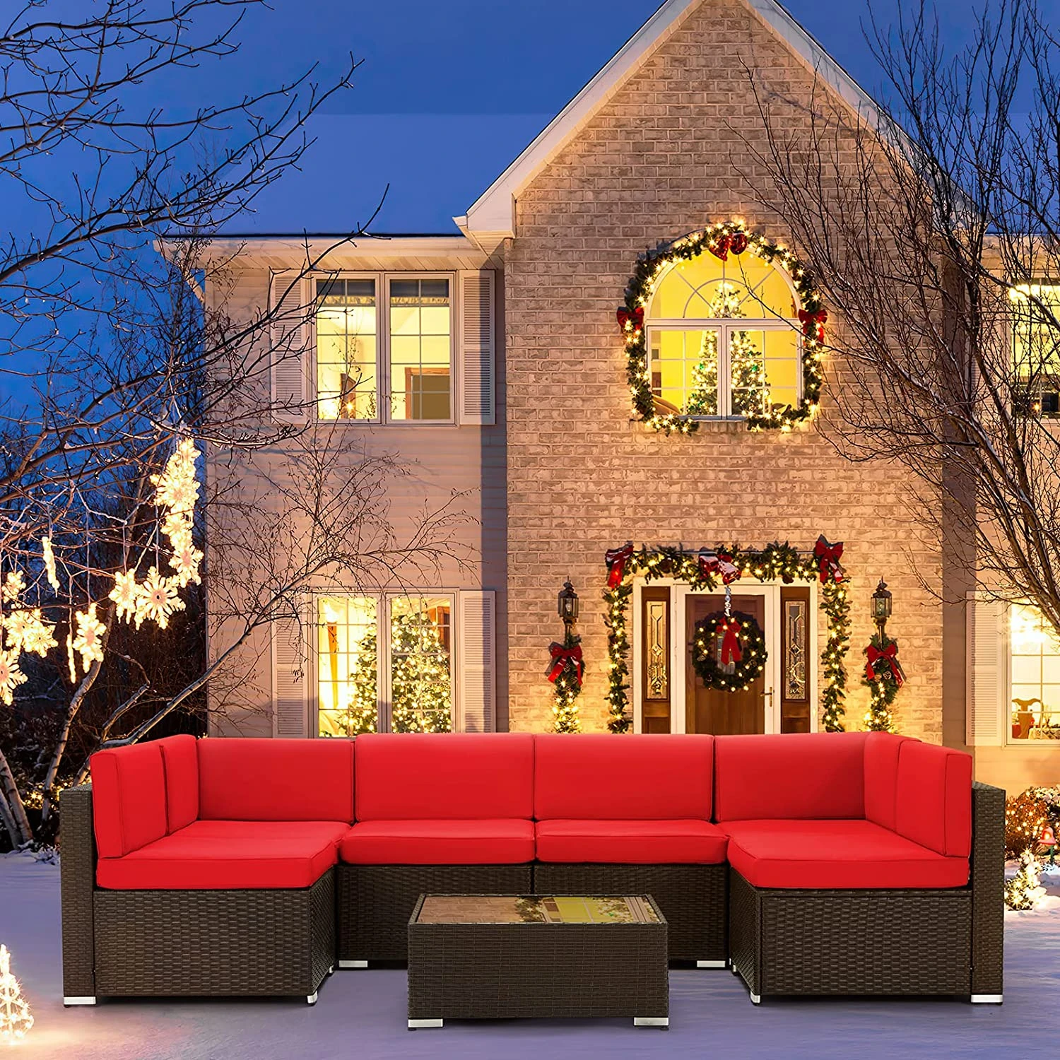 U-MAX 7 Piece Outdoor Patio Furniture Set, PE Rattan Wicker Sofa Set, Outdoor Sectional Furniture Chair Set with Khaki Cushions and Tea Table