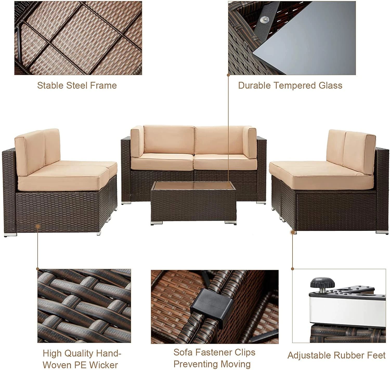 U-MAX 7 Piece Outdoor Patio Furniture Set, PE Rattan Wicker Sofa Set, Outdoor Sectional Furniture Chair Set with Khaki Cushions and Tea Table