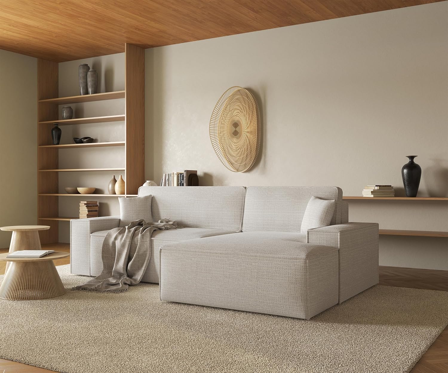 Selsey Sofa Corner Sofa Bed Couch with Storage Space Sleep Function Easy Care Polyurethane Foam L Shape Left Farese Beige Corduroy Look