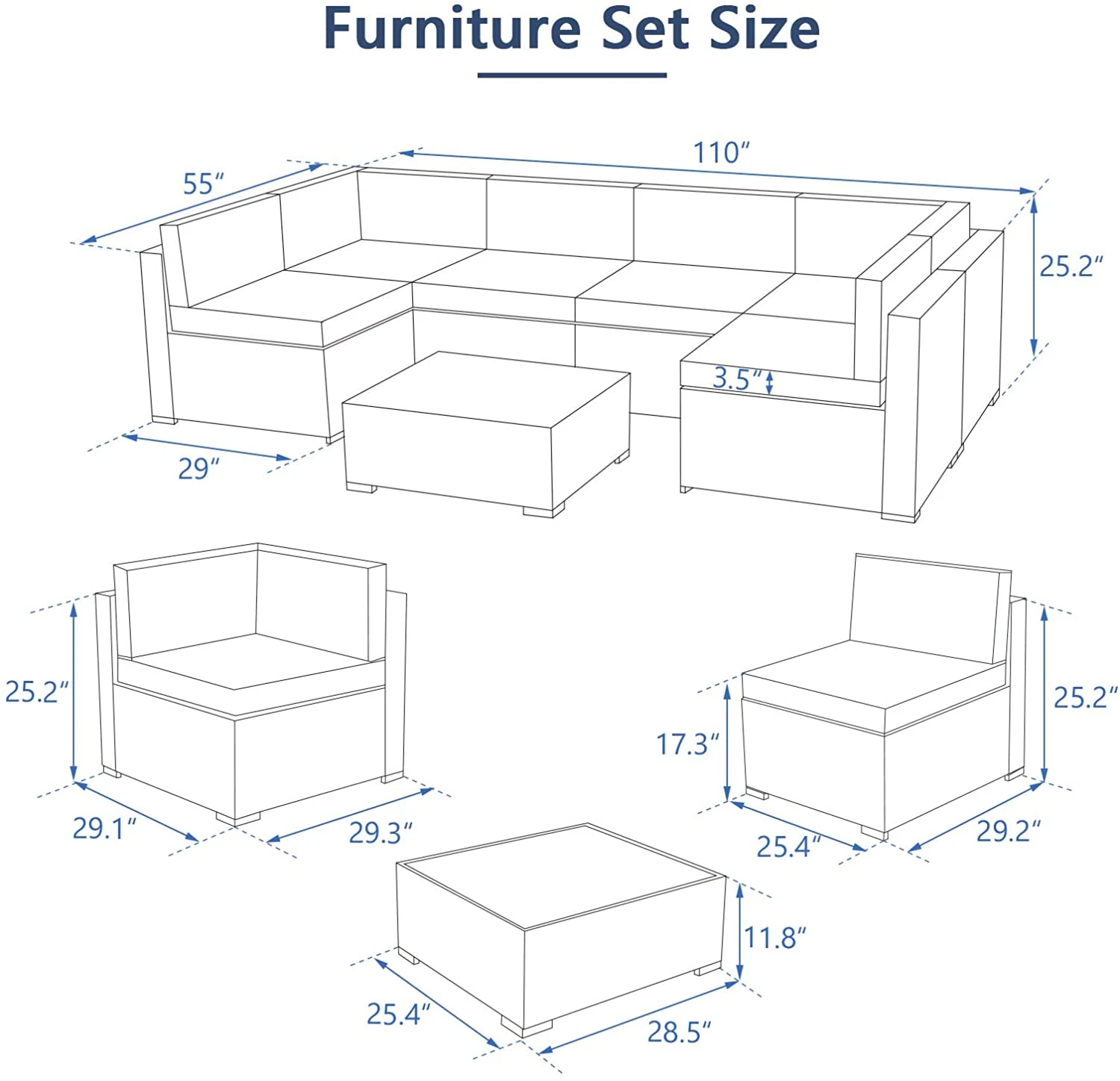 U-MAX 7 Piece Outdoor Patio Furniture Set, PE Rattan Wicker Sofa Set, Outdoor Sectional Furniture Chair Set with Khaki Cushions and Tea Table