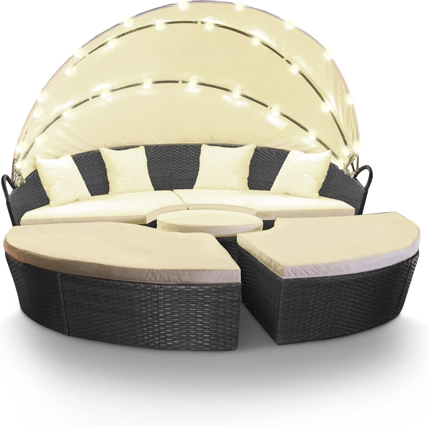 Polyrattan Sun Island with LED Lighting + Solar Module, Rattan Garden Lounger, Sun Bed with Rain Cover