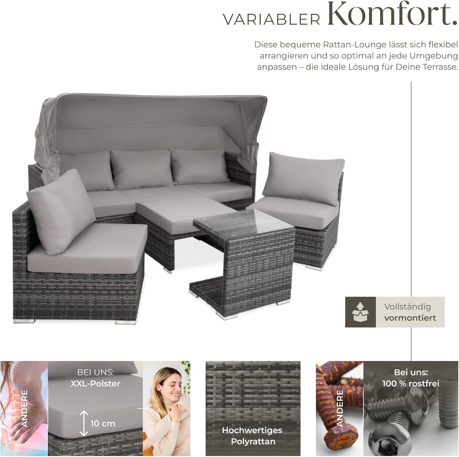 TecTake 800771 Aluminium Poly Rattan Lounge Set, 16-Piece, Weatherproof Garden Sofa with Sun Canopy, Outdoor Furniture Set Including Cushions and Side Table, Various Colours