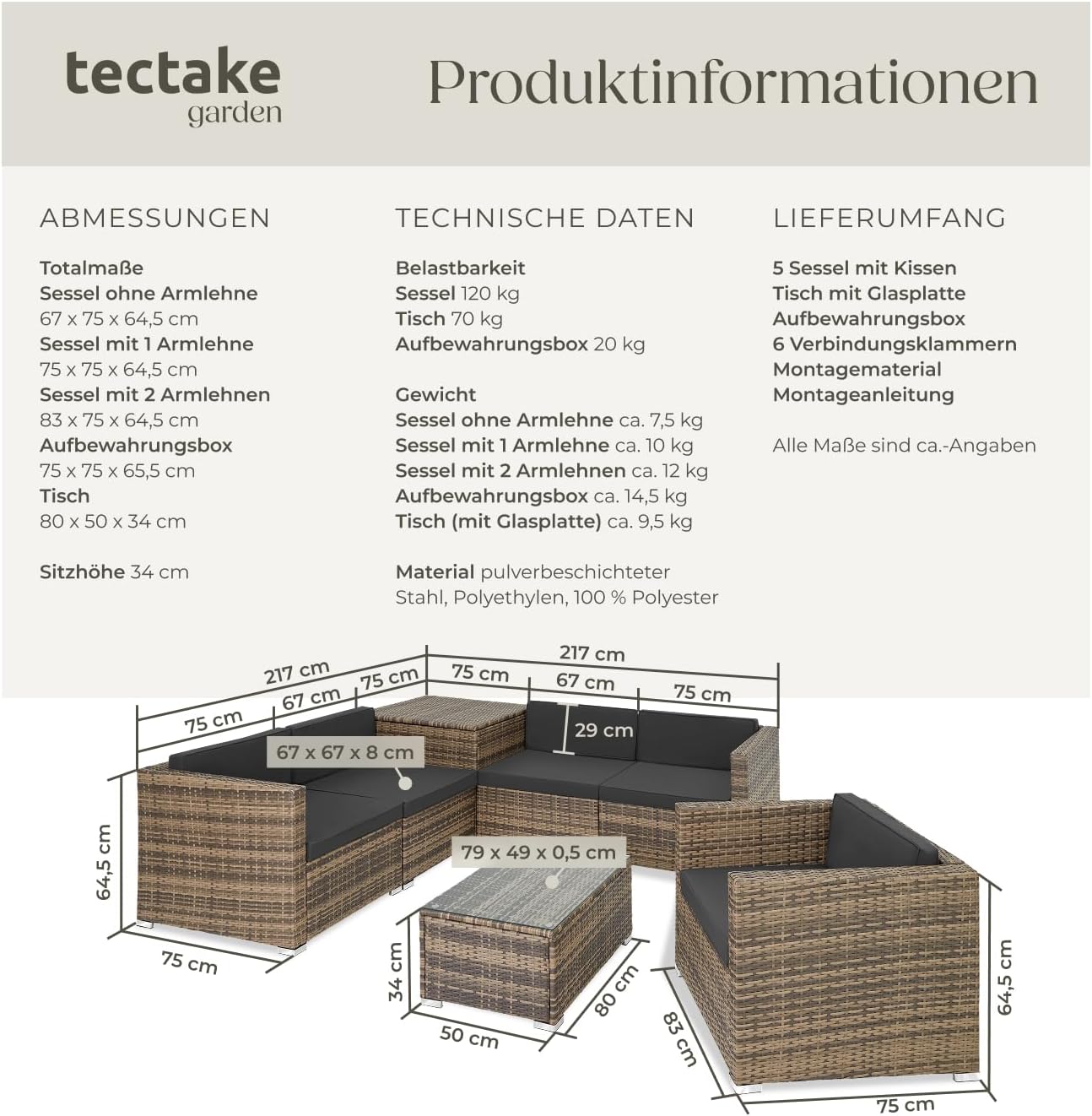 TecTake Polyrattan Seating Group with Storage Box for Upholstery, Table with Glass Top, Freely Groupable Garden Furniture Set, Rattan Lounge for the Garden – Balcony Furniture, Balcony Furniture, Small Balcony