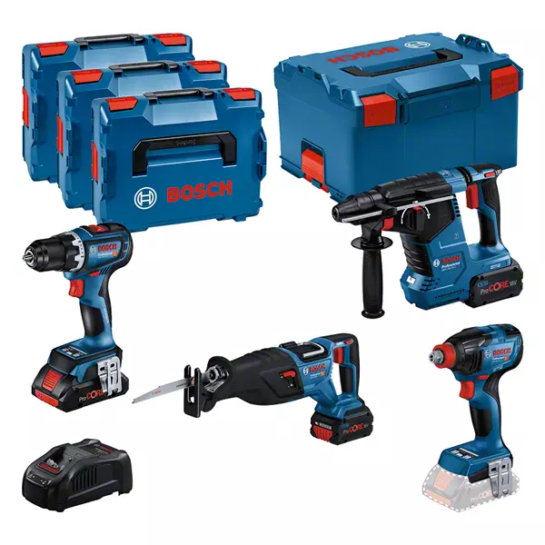 BOSCH COMBI-KIT 4 18V TOOLS: GSR 18V-90C + GDX 18V-210C + GBH 18V-24C + GSA 18V-28 + 1 4.0 AH BATTERY (PROCORE) + 2 5.5 AH BATTERIES (PROCORE) + GAL 1880CV ( L)PROFESSIONAL