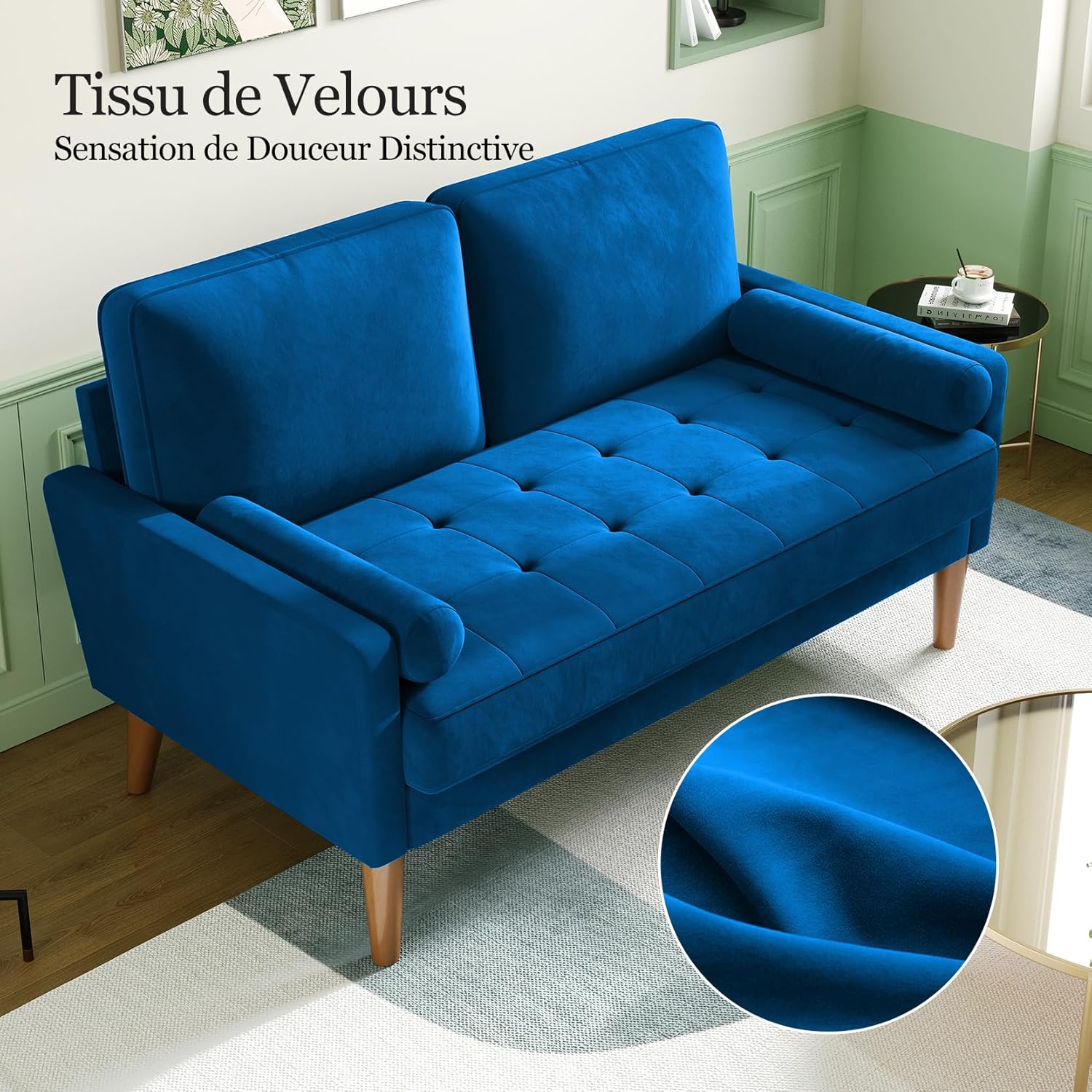 Vesgantti Small 2 Seater Sofa, 121cm Velvet Sofa with Spring Cushion, Mini Bedroom with Armrests, Modern Living Room Loveseat, Fixed 2 Seater Loveseat