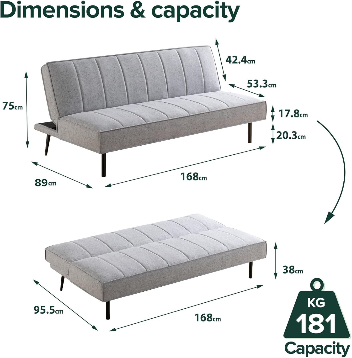 Zinus Quinn Clic Clac Sofa Bed - 2-in-1 Folding Sofa Bed - Suitable for Guest Rooms and Small Spaces