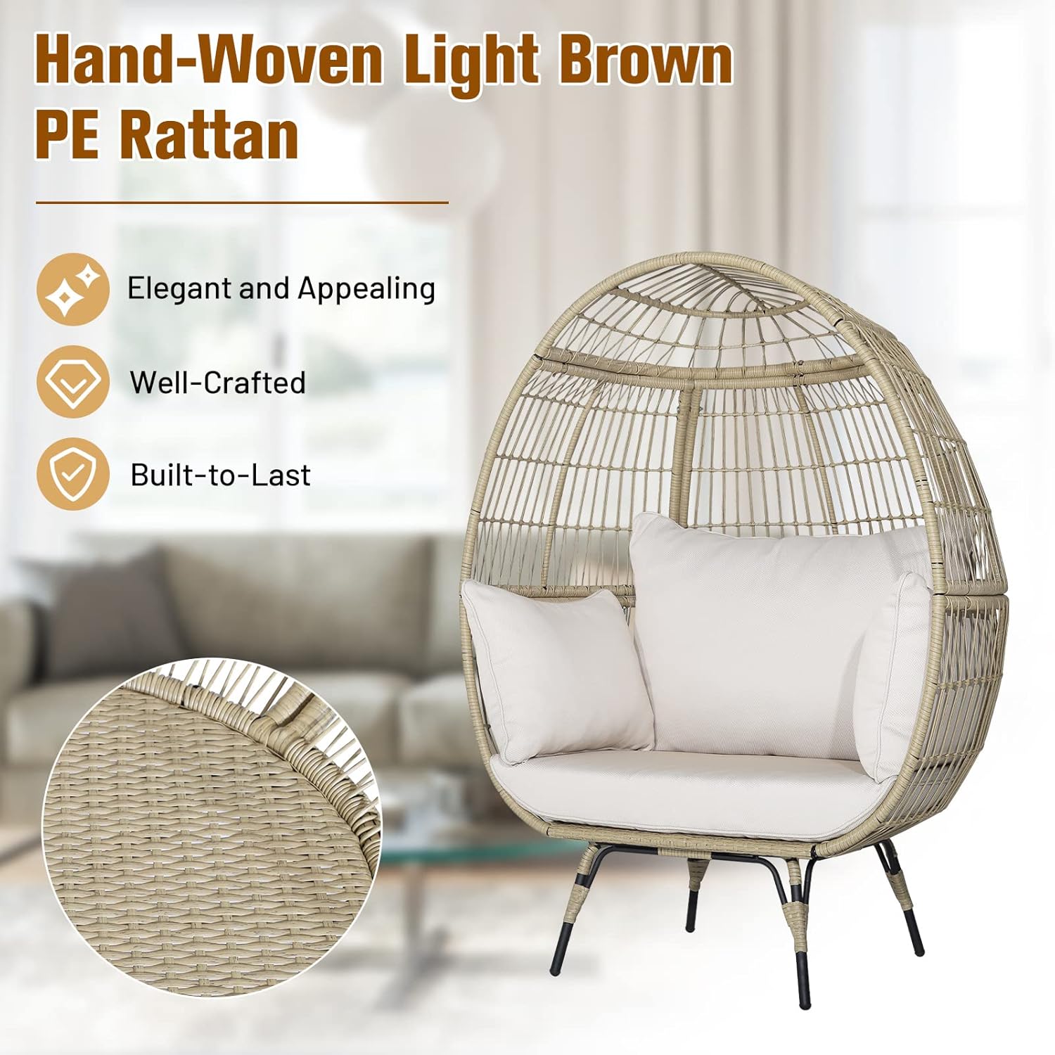 PE Rattan Egg Chair with 4 Padded Cushions, 180KG Load Capacity, Relaxing Chair with Metal Frame, Suitable for Living Room, Garden, Terrace, Patio, 110X82X145 CM