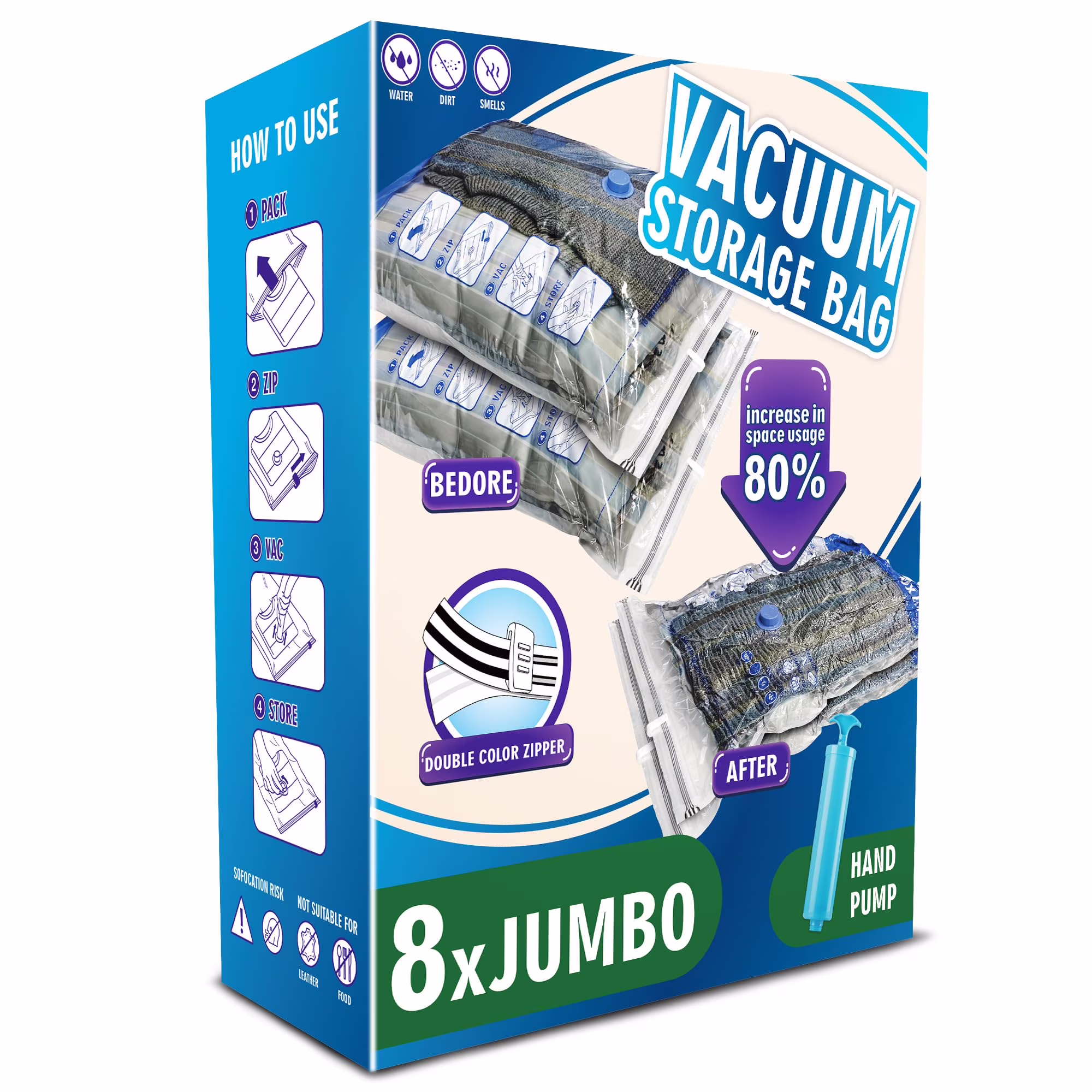 Jumbo Vacuum Storage Bags 8 Pack, Extra Large Space Saver Bags for Clothes Blankets Comforters, Thick PA;PE Material, Triple Seal Valve, Includes Hand Pump, White