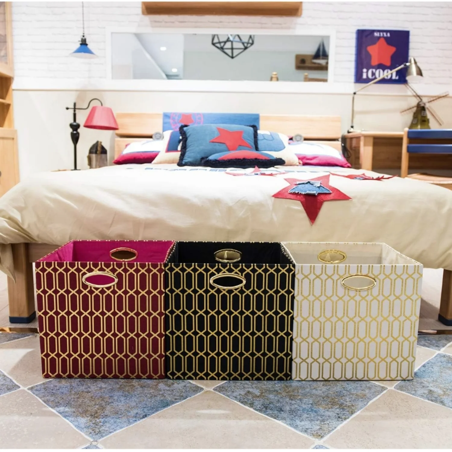 Storage Bins, Storage Cubes,13×13 Fabric Drawers Organizer Basket Boxes Containers (13×13×13/4pcs, Cream/gold geometry Patt)