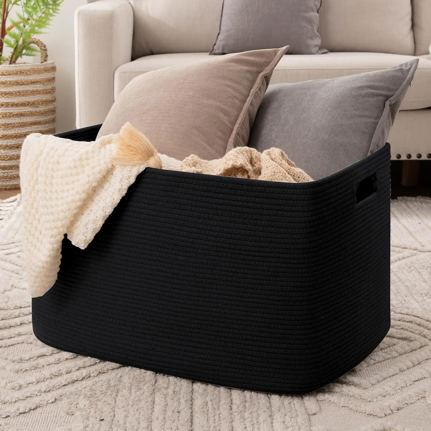 118L XXXLarge Cotton Rope Storage Basket, Oversized Blanket Basket, Used for Organizing Dirty Clothes in Living Room, Bedroom, Nursery, Dog Toy Storage Bins, 25" x 17" x 16",Black