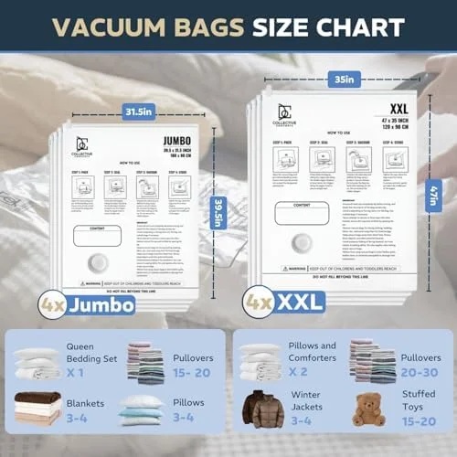 8-Pack Vacuum Storage Bags – XXL & Jumbo Sizes – Vacuum Seal Bags for Bedding, Blankets & Clothing – Space Saver Compression Bags$$