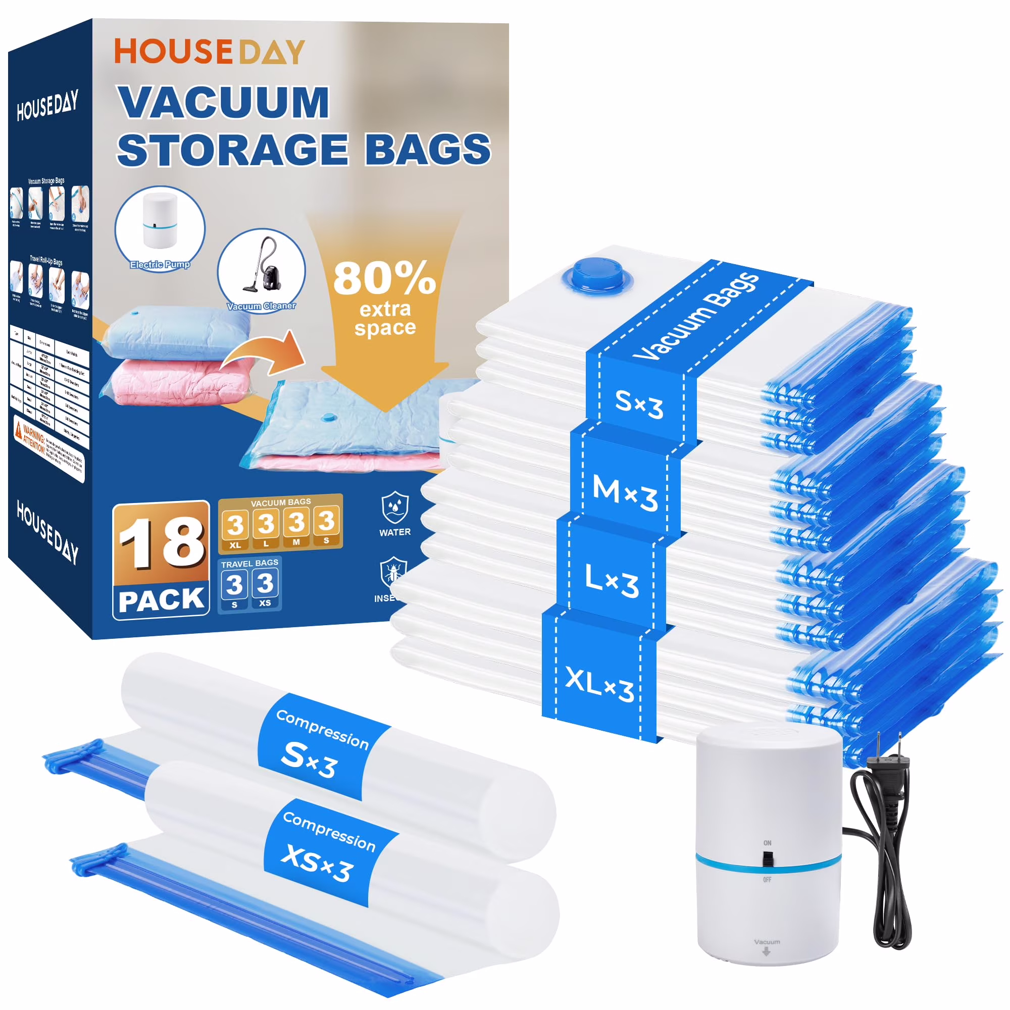 18 Pack Vacuum Seal Bags with Pump, Storage Bags for Clothing, Comforters, Travel Essentials, 3 Jumbo 3 Large 3 Medium 3 Small 3 XS, Transparent