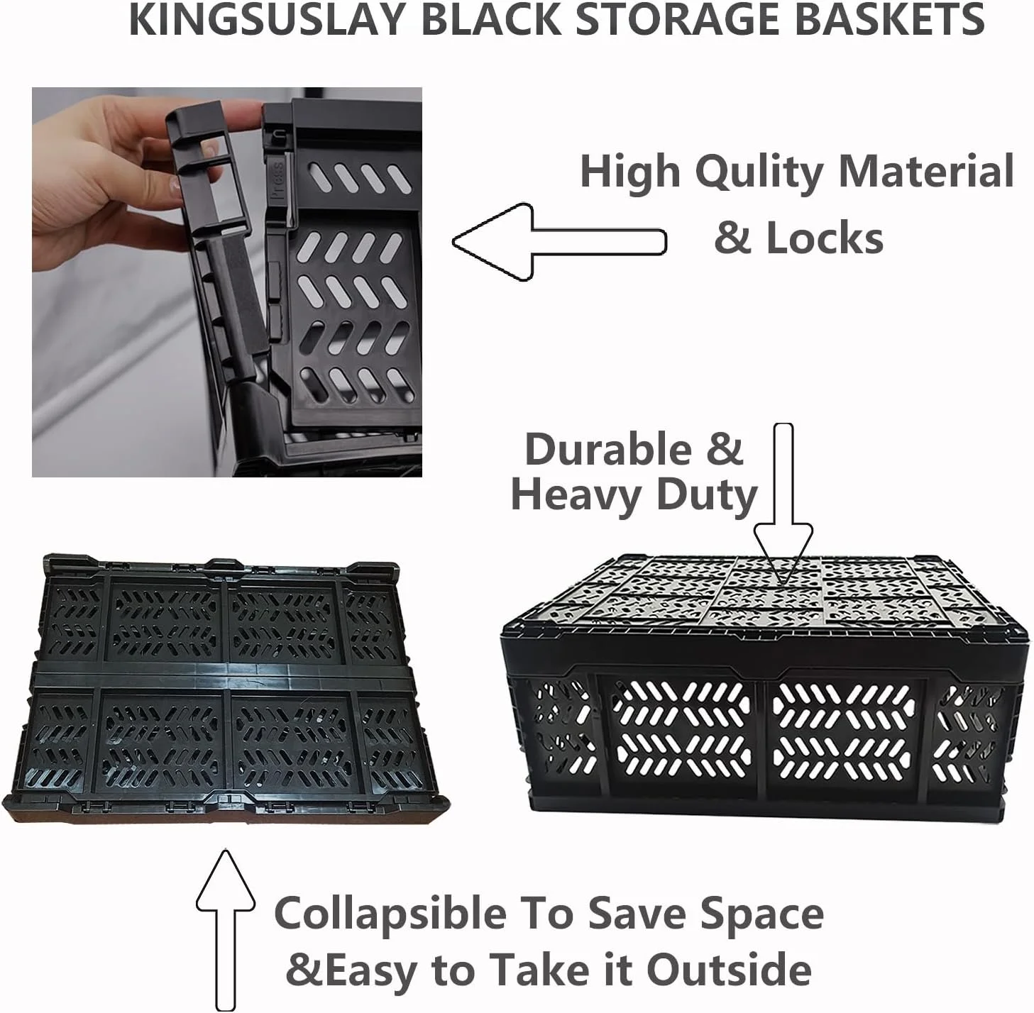 4-Pack Plastic Storage Crates,20L Foldable Baskets,Collapsible Crates, Storage Baskets and Bins for Toys, Home Storage, Office Products, Christmas Gifts, Easter Eggs (Black)