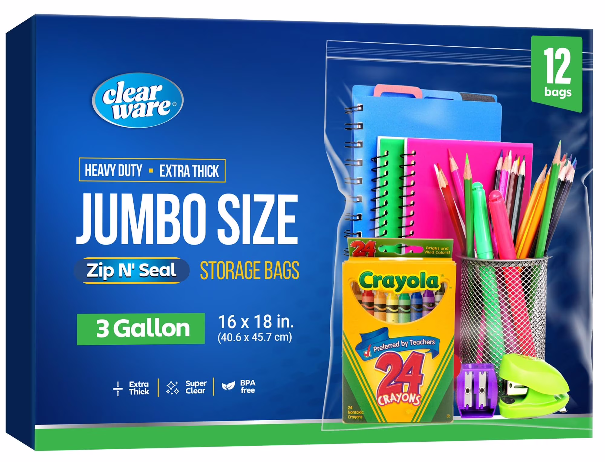 Extra Large 3 Gallon Storage Bags with Zipper, 16x18 Inch Thick Plastic for Organizing Clothes Linens Travel, Reusable Freezer Bags, Clear