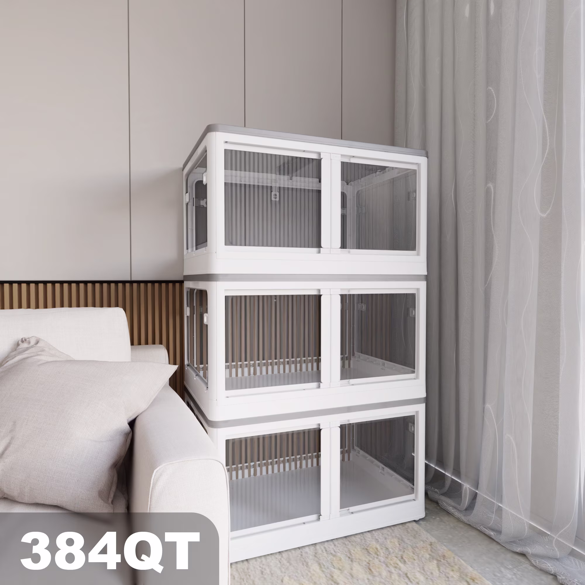 384QT 3-Pack Transparent Stackable Storage Bins with 5 Doors to Open with Wheels, Folding Plastic Craft Containers Large Closet Organizers Box for Bedrooms Living Rooms Study Kids' Toys, White