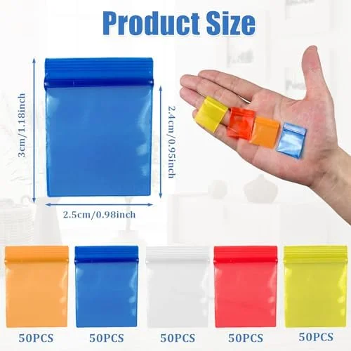 250pcs 1"x1" 4 Mil Mini Plastic Pouches Colored Clear Thick Poly Baggies All Purpose Resealable Storage Bags with Zip Top Lock for Jewelry Candy Beads Bolts Pills Powders$$Other