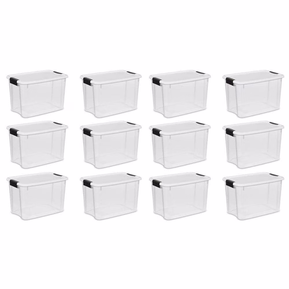 30 Qt. Ultra-Latch Storage Box with White Lid and Clear Base (12-Pack)