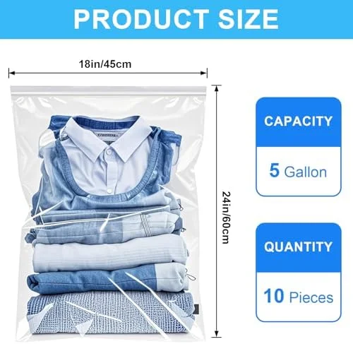 Large 5 Gallon Plastic Storage Bags (10 Pack) - 18" x 24", 2.4 Mil Thick, Resealable Clear Zipper Bags for Clothes, Travel & Moving