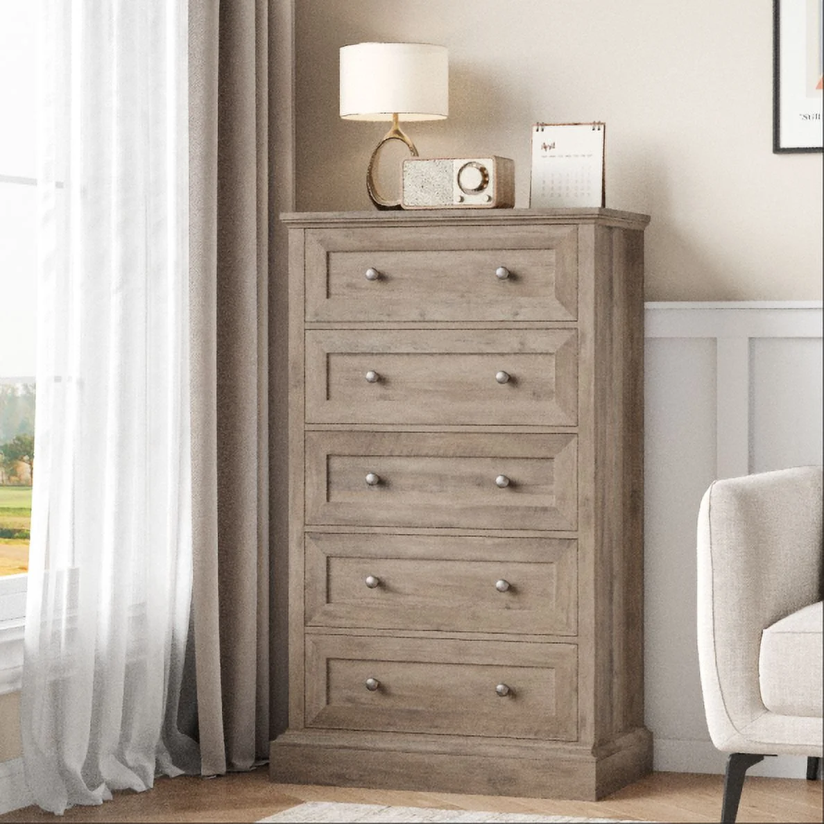 Homfa 5 Drawer Bedroom Dresser, Tall Wood Nightstand Storage Cabinet for Office Living Room,Gray