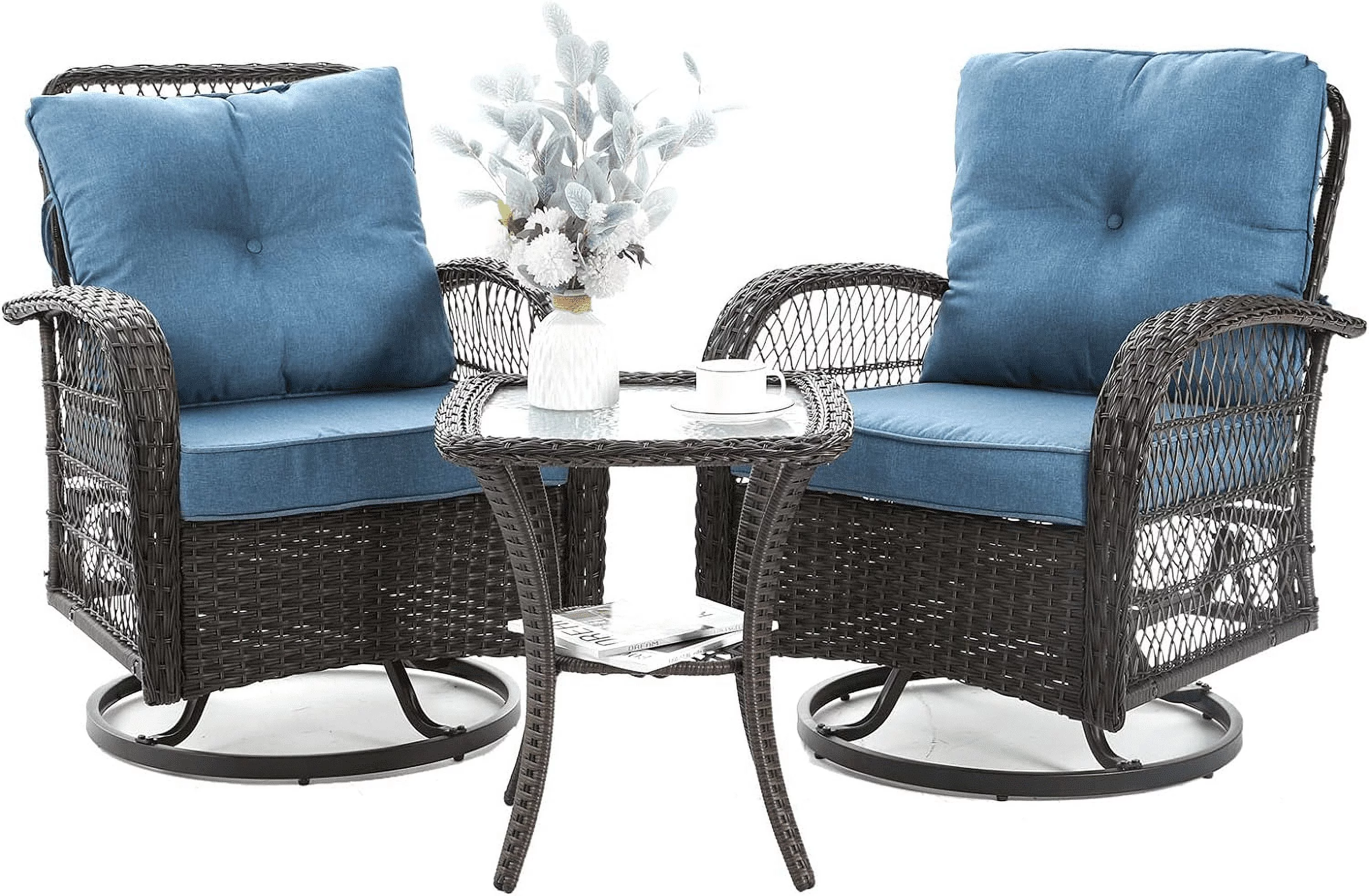 ELPOSUN 3 Pieces Patio Furniture Set, Outdoor Swivel Gliders Rocker, Wicker Patio Bistro Set with Rattan Rocking Chair, Glass Top Side Table and Thickened Cushions for Porch Deck Backyard