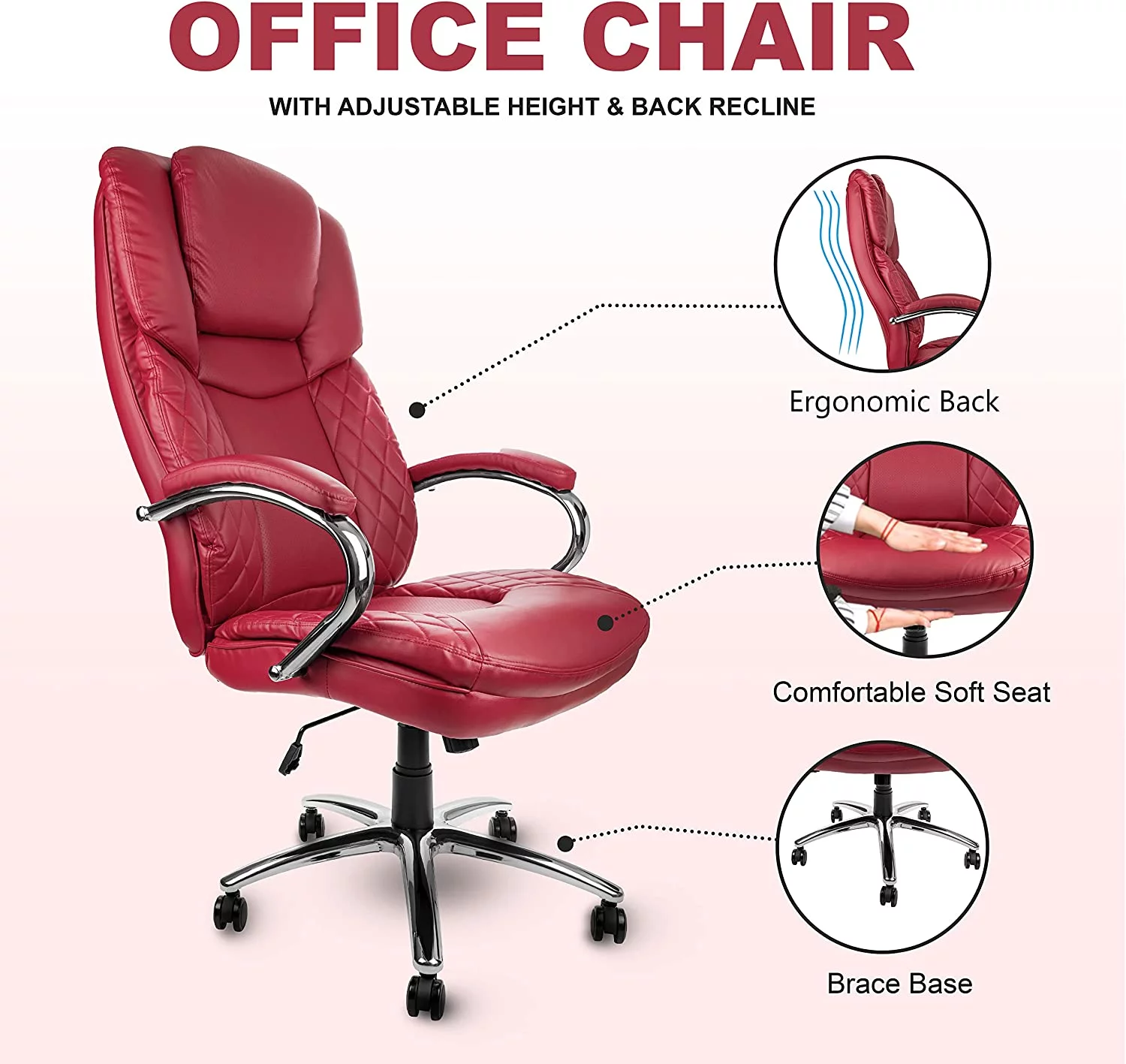 US Office Elements Big and Tall Executive Office Chair for Heavy People - PU Leather Padded Adjustable High Back Managerial Chair 400lbs Wide Ergonomic Seat- Swivel, Rolling and Tilt Mechanism(Red)