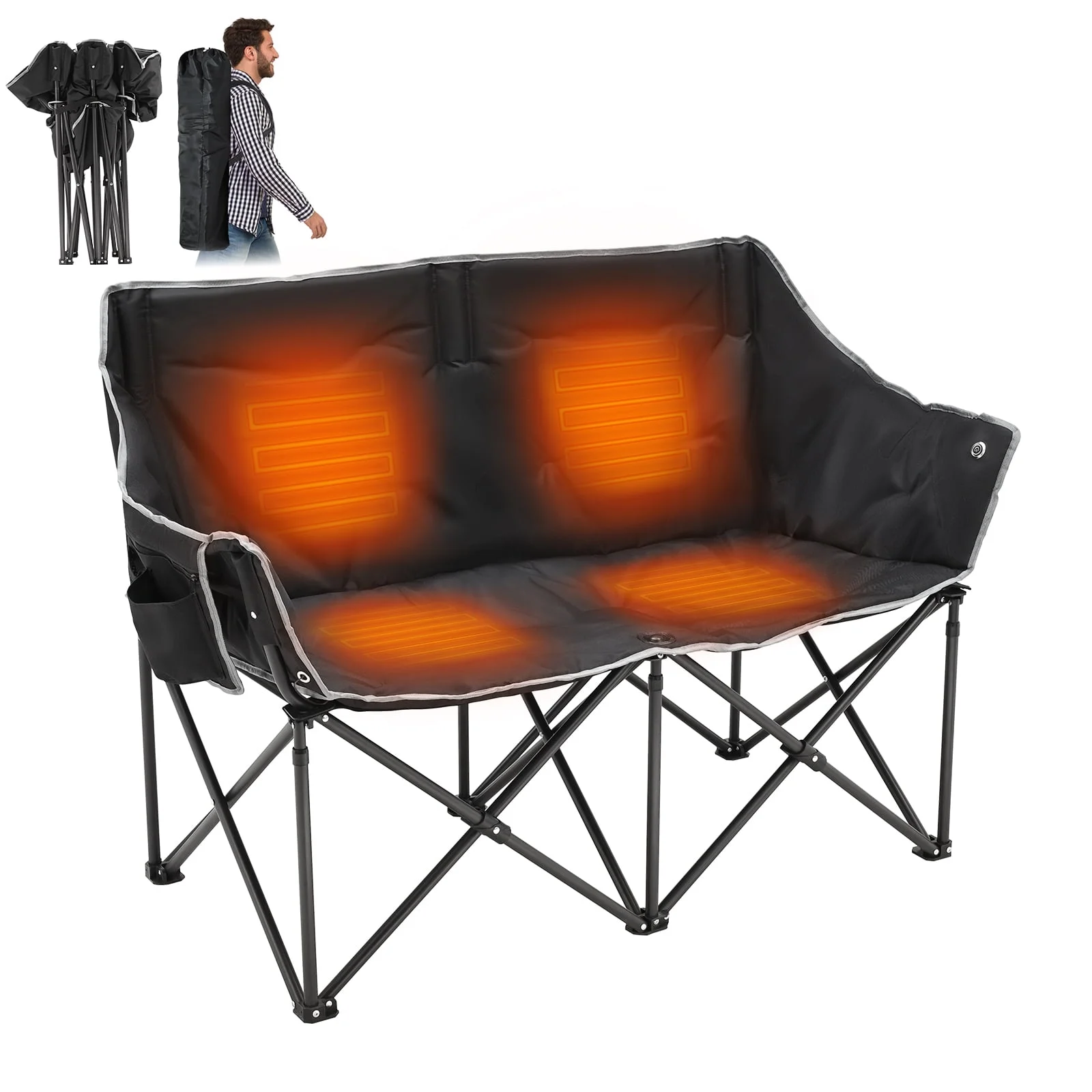 Slsy Heated Double Camping Chair, 2-Person Heated Folding Chairs for Outdoor Sports w/ 3 Heat Levels & 4 Heating Zones, Patio Lounge Chairs Folding Camping Chair Supports 550 lbs