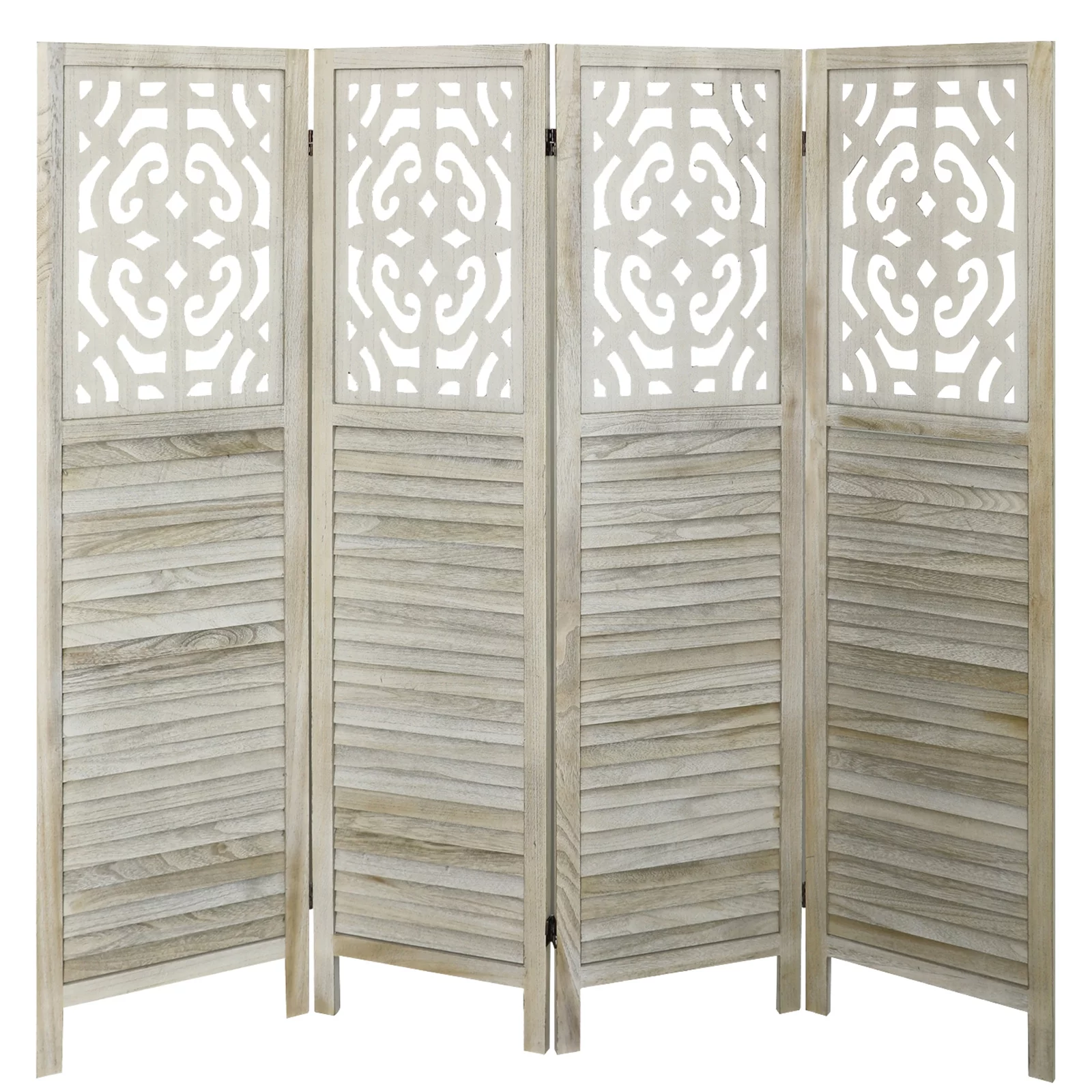 Fionafurn 4 Panels Wood Carved Room Divider - Folding Privacy Screen, Offwhite, #B1