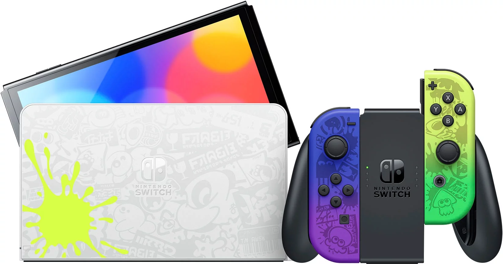 2022 Nintendo Switch OLED Splatoon 3 Limited Edition 5 in1 Bundle, Blue & Yellow Gradient Joy-Con 64GB Console, LAN-Port Graffiti-themed Dock, Mytrix Bamboo Wireless Pro Controller & Accessory