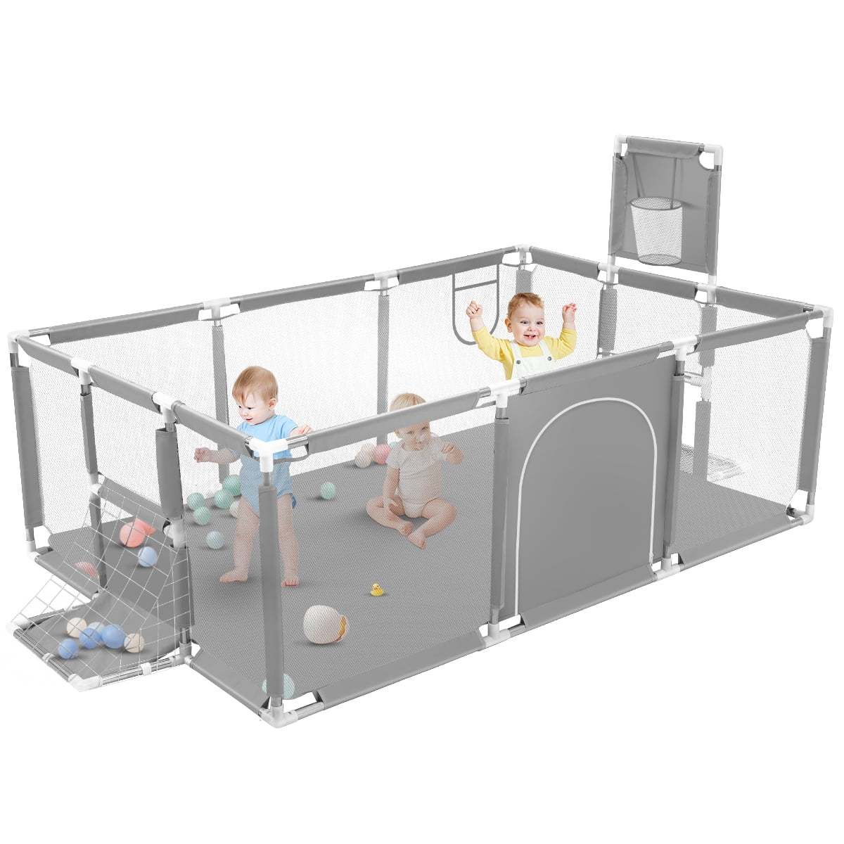 Baby Playpen,71 Inch Extra Large Baby Playard With Basketball Hoop and Breathable Mesh,Children Kids Play Fence for Indoors Outdoors,Gray
