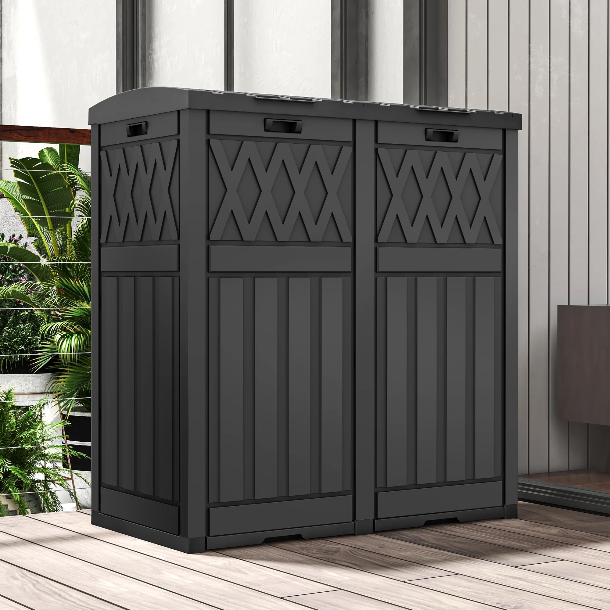 Dextrus 62-Gallon Outdoor Resin Trash Bins,Garbage Dual Can with Tiered Lid and Drip Tray, Waterproof Garbage Container for Outdoor Spaces like Patios, Kitchens&Backyards, Black