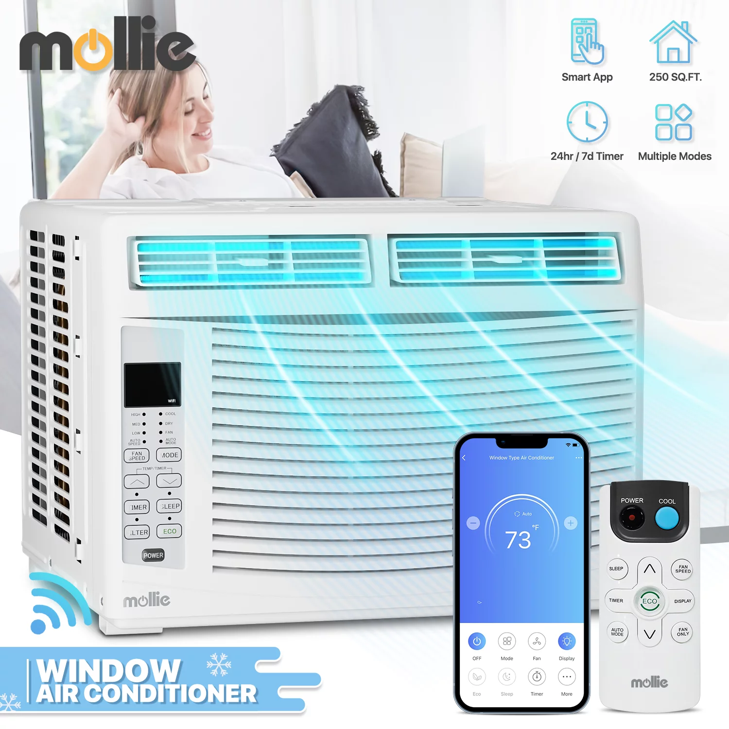 mollie 6,000 BTU Smart Window Air Conditioner with WiFi, Energy Saving AC Unit with Remote & App Control & Timer Function, Quiet Operation, Cools 151-250 Sq.Ft., White