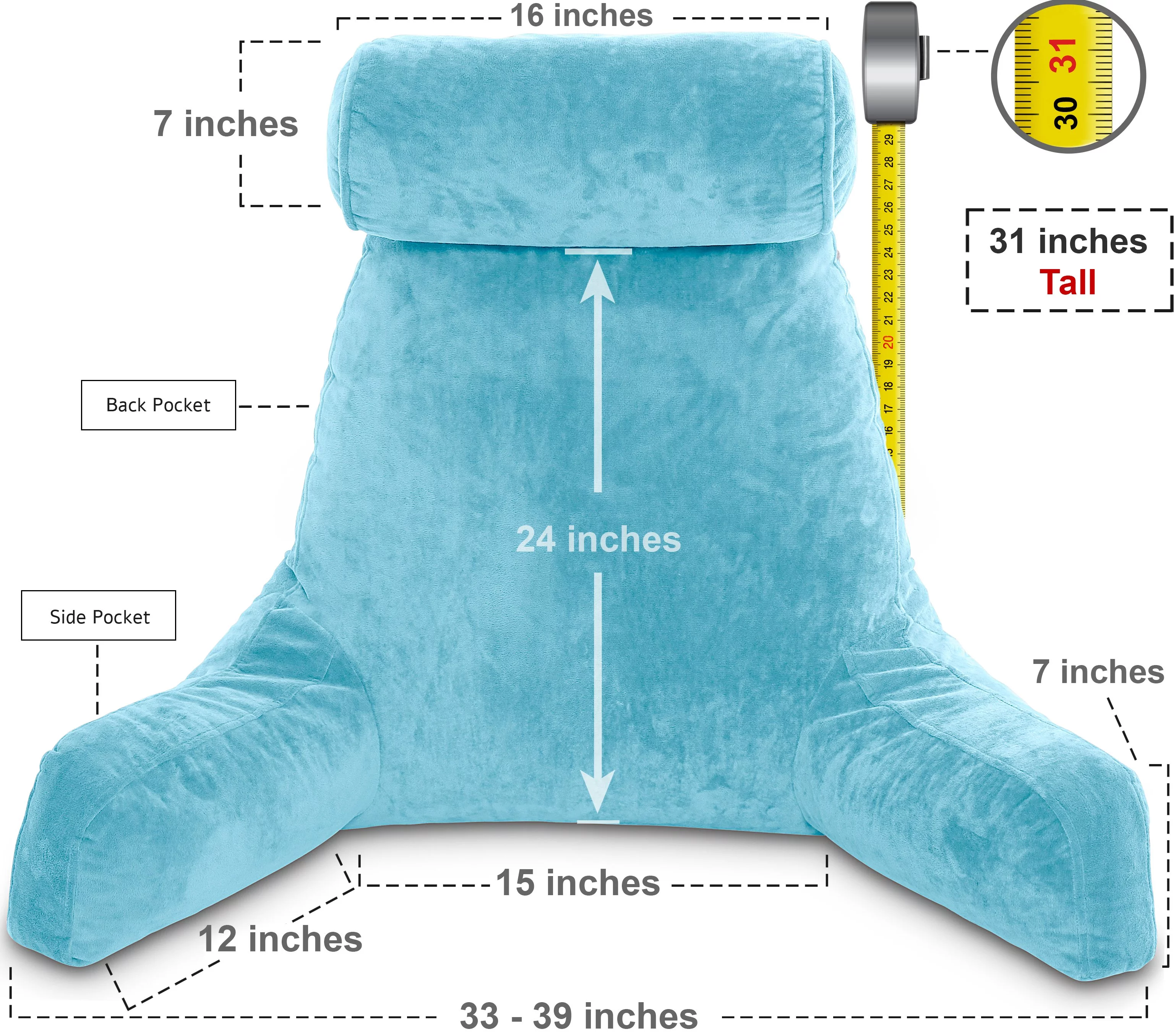Husband Pillow - Carolina Blue Bed Rest Pillow with Arms, Detachable Neck Roll, Removable Cover