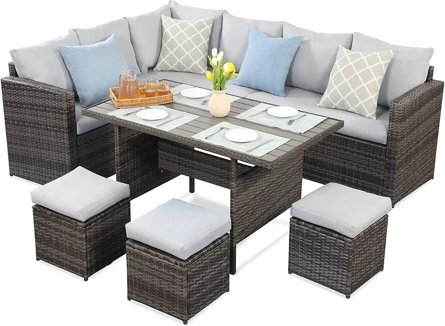 Superjoe 7 Piece Outdoor Conversation Set All Weather Wicker Sectional Sofa Set with Dining Table and Ottoman,Grey