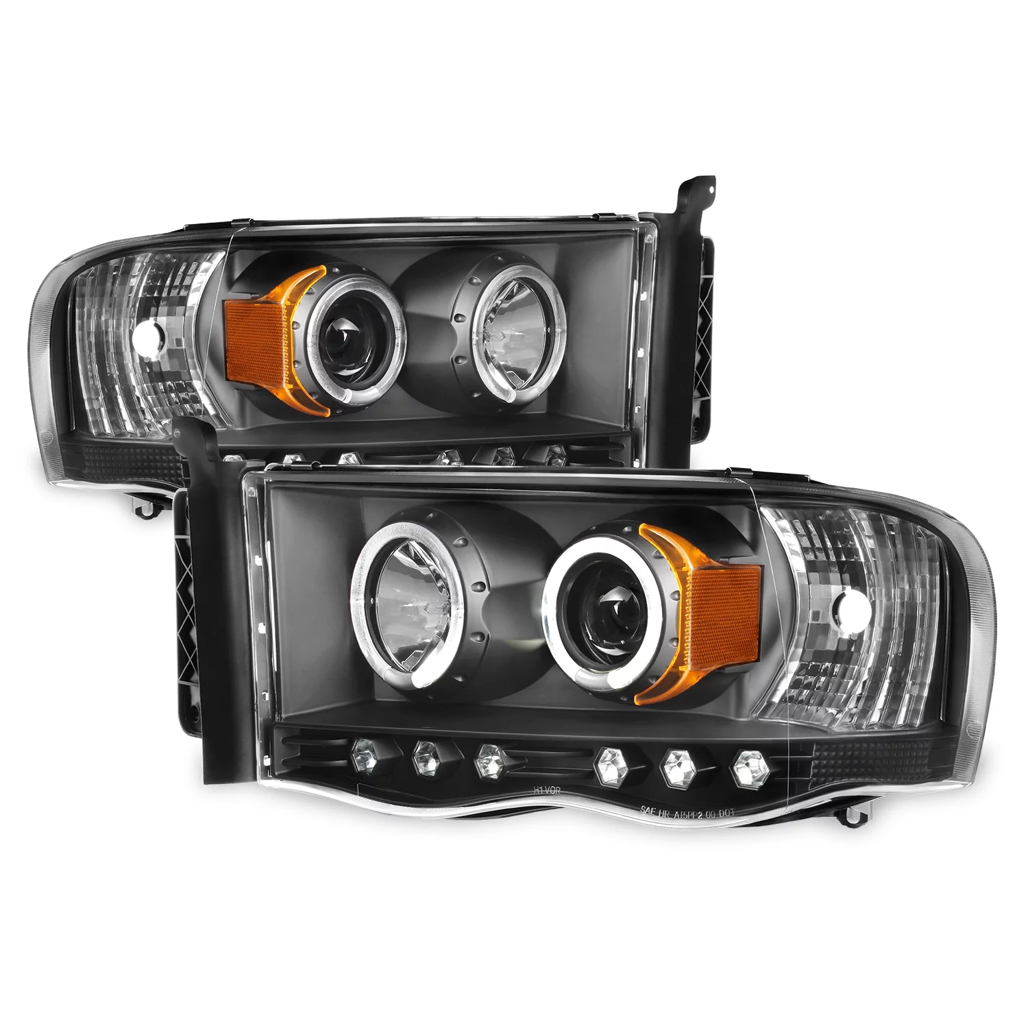 AKKON - For 2003-05 Dodge Ram + 2002 Ram 1500 Black Housing Dual Halo DRL Projector LED Headlights + Tail Lamps