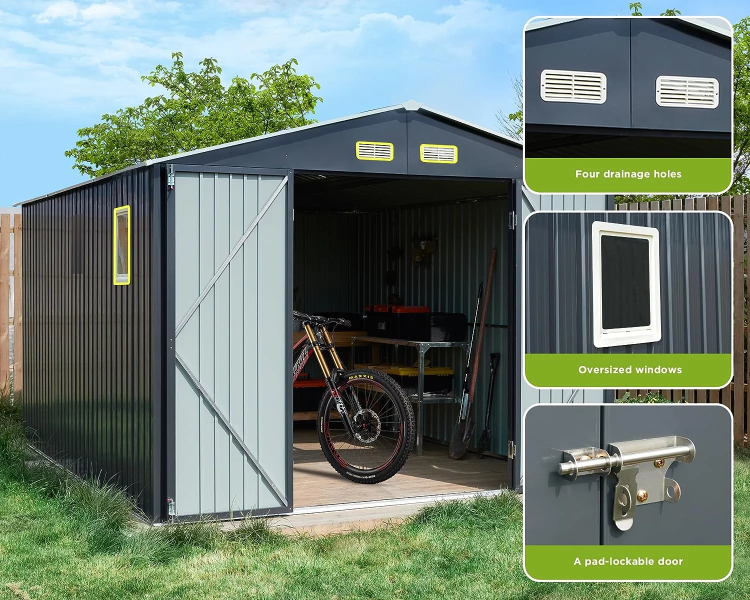 AMERLIFE 10x12x7.5 ft Outdoor Storage Shed, Galvanized  Backyard Lockable Sheds, Grey/White